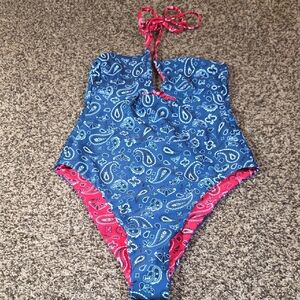 Blue and Red Bandana Paisley Swimsuit Reversible